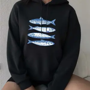 Sardalya Mavi Baskı Hoodies Kadın Rahat Gevşek Kazak Rahat Cep Kazak Sonbahar Kış Polar Sıcak