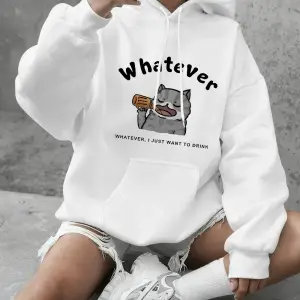 Sarhoş Kedi Karikatür Baskılı Kadın Kışlık Polar Sıcak Sweatshirtler Basic Yuvarlak Yaka Kaza