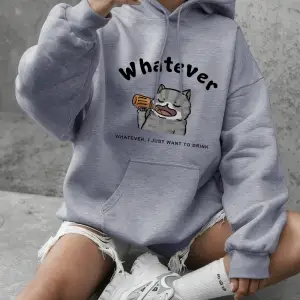 Sarhoş Kedi Karikatür Baskılı Kadın Kışlık Polar Sıcak Sweatshirtler Basic Yuvarlak Yaka Kaza