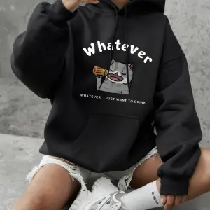 Sarhoş Kedi Karikatür Baskılı Kadın Kışlık Polar Sıcak Sweatshirtler Basic Yuvarlak Yaka Kaza