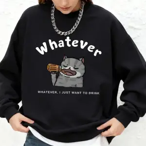 Sarhoş Kedi Karikatür Baskılı Tişörtü Bayan Sonbahar Sıcak Uzun Kollu Kapüşonlular Jogger O-B