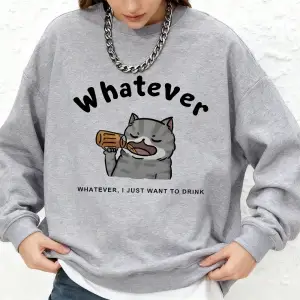 Sarhoş Kedi Karikatür Baskılı Tişörtü Bayan Sonbahar Sıcak Uzun Kollu Kapüşonlular Jogger O-B