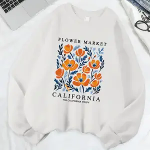 Sarı Çiçekler Pazarı California Baskılar Tişörtü Kadın Gevşek Sportif Hoodie Polar Sıcak sıfı