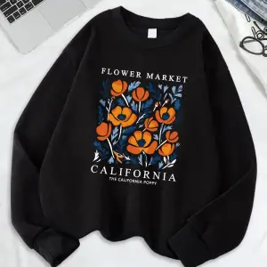 Sarı Çiçekler Pazarı California Baskılar Tişörtü Kadın Gevşek Sportif Hoodie Polar Sıcak sıfı