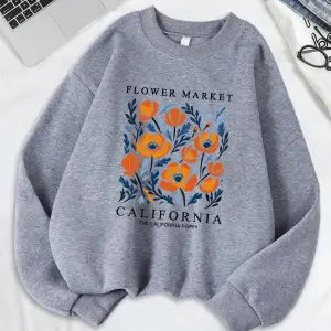 Sarı Çiçekler Pazarı California Baskılar Tişörtü Kadın Gevşek Sportif Hoodie Polar Sıcak sıfı