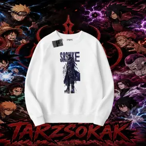 Sasuke uchiha Naruto Anime Karakter Oversize Unisex Bisiklet Yaka Sweatshirt Beyaz