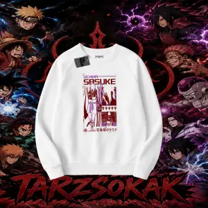 Sasuke uchiha Naruto Anime Karakter Oversize Unisex Bisiklet Yaka Sweatshirt Beyaz