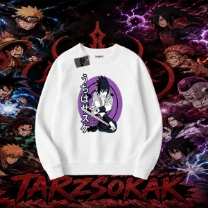 Sasuke uchiha Naruto Anime Karakter Oversize Unisex Bisiklet Yaka Sweatshirt Beyaz