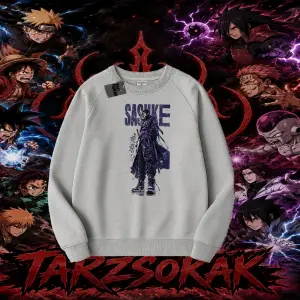 Sasuke uchiha Naruto Anime Karakter Oversize Unisex Bisiklet Yaka Sweatshirt Beyaz