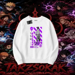 Sasuke uchiha Naruto Anime Karakter Oversize Unisex Bisiklet Yaka Sweatshirt Beyaz