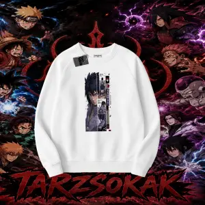 Sasuke uchiha Naruto Anime Karakter Oversize Unisex Bisiklet Yaka Sweatshirt Beyaz