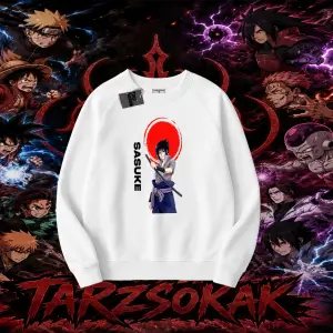 Sasuke uchiha Naruto Anime Karakter Oversize Unisex Bisiklet Yaka Sweatshirt Beyaz