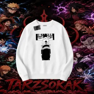 Sasuke uchiha Naruto Anime Karakter Oversize Unisex Bisiklet Yaka Sweatshirt Beyaz