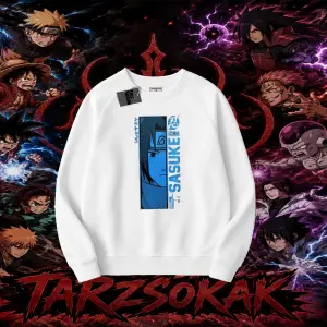 Sasuke uchiha Naruto Anime Karakter Oversize Unisex Bisiklet Yaka Sweatshirt Beyaz