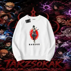 Sasuke uchiha Naruto Anime Karakter Oversize Unisex Bisiklet Yaka Sweatshirt Beyaz
