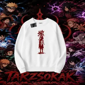 Sasuke uchiha Naruto Anime Karakter Oversize Unisex Bisiklet Yaka Sweatshirt Beyaz
