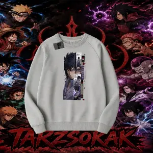 Sasuke uchiha Naruto Anime Karakter Oversize Unisex Bisiklet Yaka Sweatshirt Beyaz