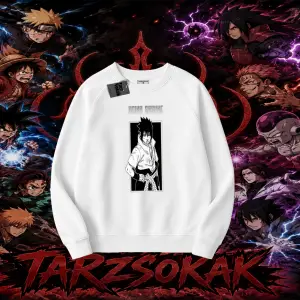 Sasuke uchiha Naruto Anime Karakter Oversize Unisex Bisiklet Yaka Sweatshirt Beyaz