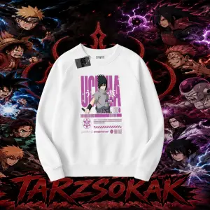 Sasuke uchiha Naruto Anime Karakter Oversize Unisex Bisiklet Yaka Sweatshirt Beyaz