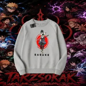 Sasuke uchiha Naruto Anime Karakter Oversize Unisex Bisiklet Yaka Sweatshirt Beyaz