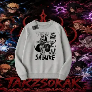 Sasuke uchiha Naruto Anime Karakter Oversize Unisex Bisiklet Yaka Sweatshirt Beyaz