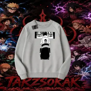 Sasuke uchiha Naruto Anime Karakter Oversize Unisex Bisiklet Yaka Sweatshirt Beyaz