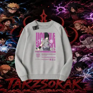 Sasuke uchiha Naruto Anime Karakter Oversize Unisex Bisiklet Yaka Sweatshirt Beyaz