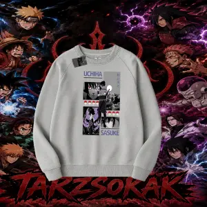 Sasuke uchiha Naruto Anime Karakter Oversize Unisex Bisiklet Yaka Sweatshirt Beyaz