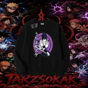 Sasuke uchiha Naruto Anime Karakter Oversize Unisex Bisiklet Yaka Sweatshirt Beyaz