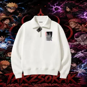 Sasuke uchiha Naruto Anime Karakter Unisex Polo Yaka Yarım Fermuarlı Sweatshirt Beyaz
