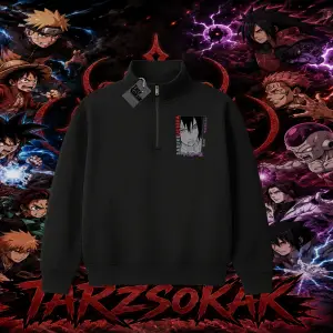 Sasuke uchiha Naruto Anime Karakter Unisex Polo Yaka Yarım Fermuarlı Sweatshirt Beyaz