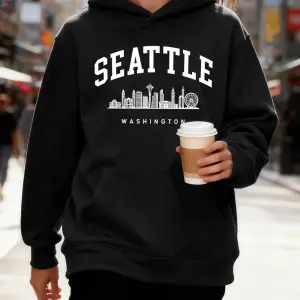 Seattle Washington Mektup Baskılı Kapüşonlular Pamuklu Kadın Sportif Bol Kazaklar Kışlık Pola