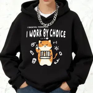 Seçim Yoluyla Çalışıyorum Kedi Baskılı Kapüşonlu Üstler Pamuklu Kadın Koşu Cep Detaylı Kazak