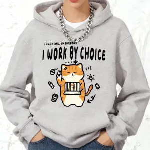 Seçim Yoluyla Çalışıyorum Kedi Baskılı Kapüşonlu Üstler Pamuklu Kadın Koşu Cep Detaylı Kazak