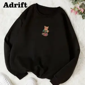 Sef Kedi Renkli Oversize Bisiklet Yaka Pamuklu Sweatshirt Siyah