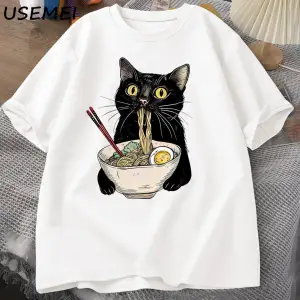 Şehriye Ramen Kedi T-Shirt Foodie Lover T Shirt Siyah Kedi Şehriye T-Shirt Retro Rahat Kısa K 2809