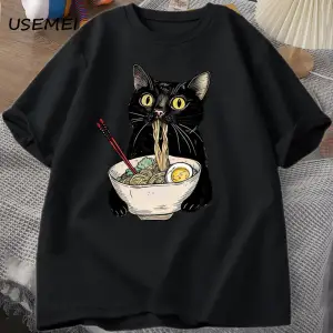 Şehriye Ramen Kedi T-Shirt Foodie Lover T Shirt Siyah Kedi Şehriye T-Shirt Retro Rahat Kısa K 2809