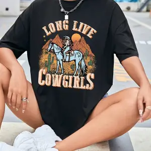 Şekil ve Harf Grafikli Düşük Omuzlu Tişört