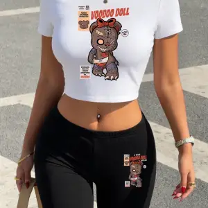 Seksi Komik Oyuncak Ayı Baskılı Babby Tee Şort Kadın Yazlık İki Parça Takım Tişört Pantolon Yü