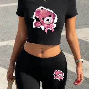 Seksi Pembe Fiyonklu Kırık Kabuklu Ayı Baskılı Babby TeeTişört Şort Kadın İki Parçalı Takım Üst P