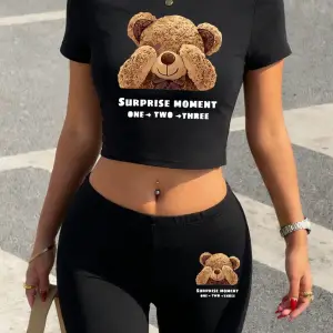 Seksi Sevimli Ayı Sürpriz Anı Baskılı Babby TeeT-Shirt Şort Kadın İki Parçalı Set Üstleri Pantolo