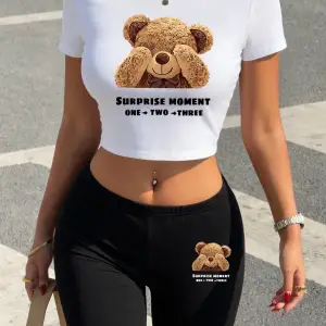 Seksi Sevimli Ayı Sürpriz Anı Baskılı Babby TeeT-Shirt Şort Kadın İki Parçalı Set Üstleri Pantolo