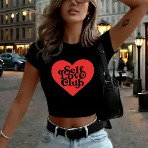 Self Love Club Kalp Baskı Bayan Babby TeeT-Shirt Yaz Yumuşak Yüksek Elastik Üstler Y2K İnce Sokak