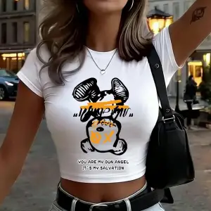 Sen benim meleğin misin Karikatür Ayı Baskılı Kadın Babby Tee Yazlık Yuvarlak Yaka Dar Kesim T