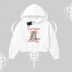 Serene Beauty Kedi Baskılı  Kapşonlu Crop Sweatshirt