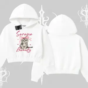 Serene Beauty Kedi Baskılı  Kapşonlu Crop Sweatshirt