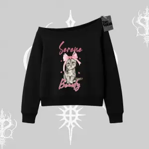 Serene Beauty Kedi Baskılı  Kayık Yaka Sweatshirt