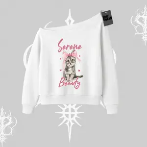 Serene Beauty Kedi Baskılı  Kayık Yaka Sweatshirt
