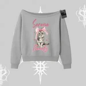 Serene Beauty Kedi Baskılı  Kayık Yaka Sweatshirt