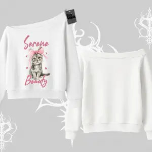 Serene Beauty Kedi Baskılı  Kayık Yaka Sweatshirt